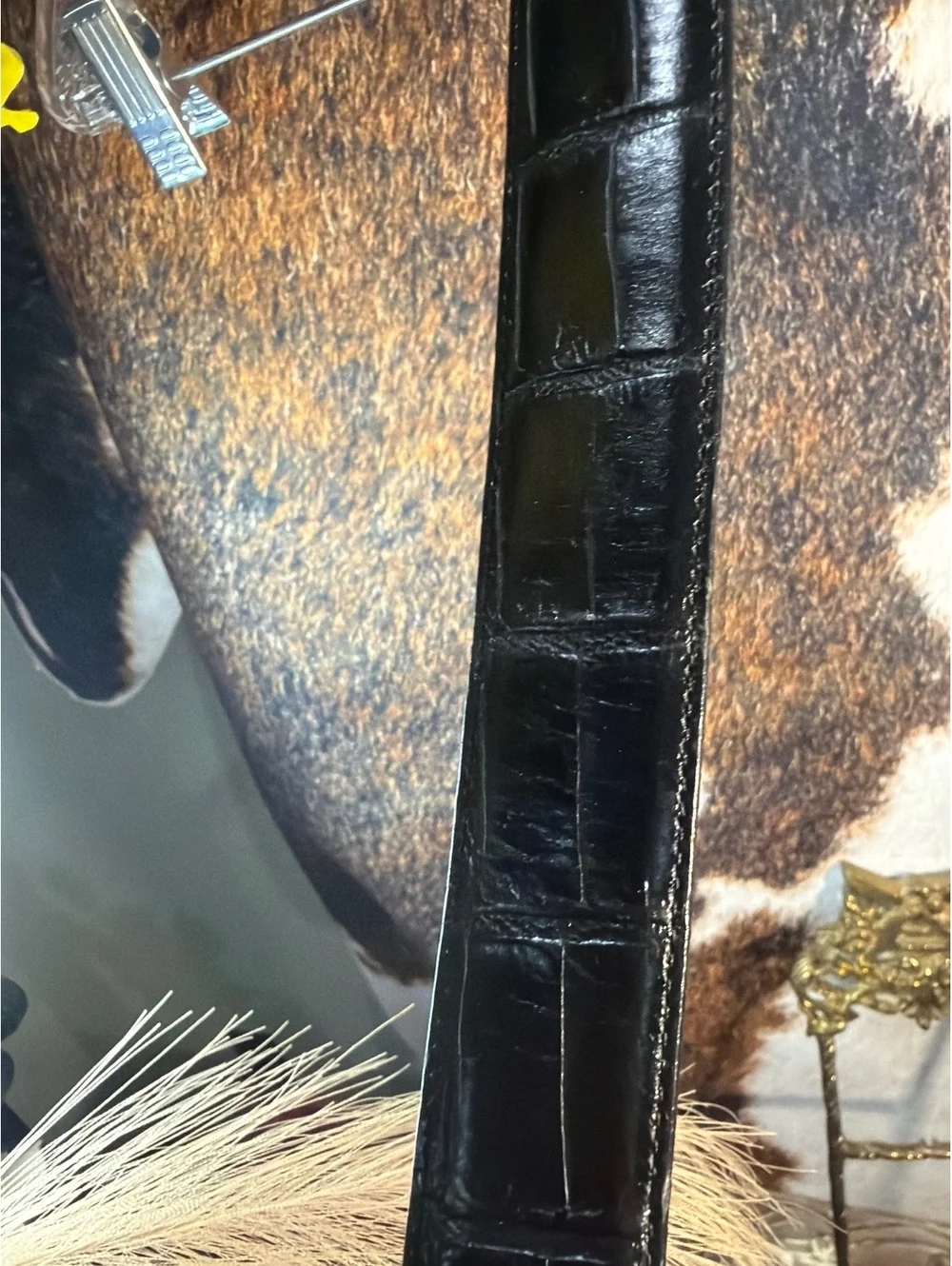Brighton Black Croc-Embossed Leather Belt with Gold Buckle